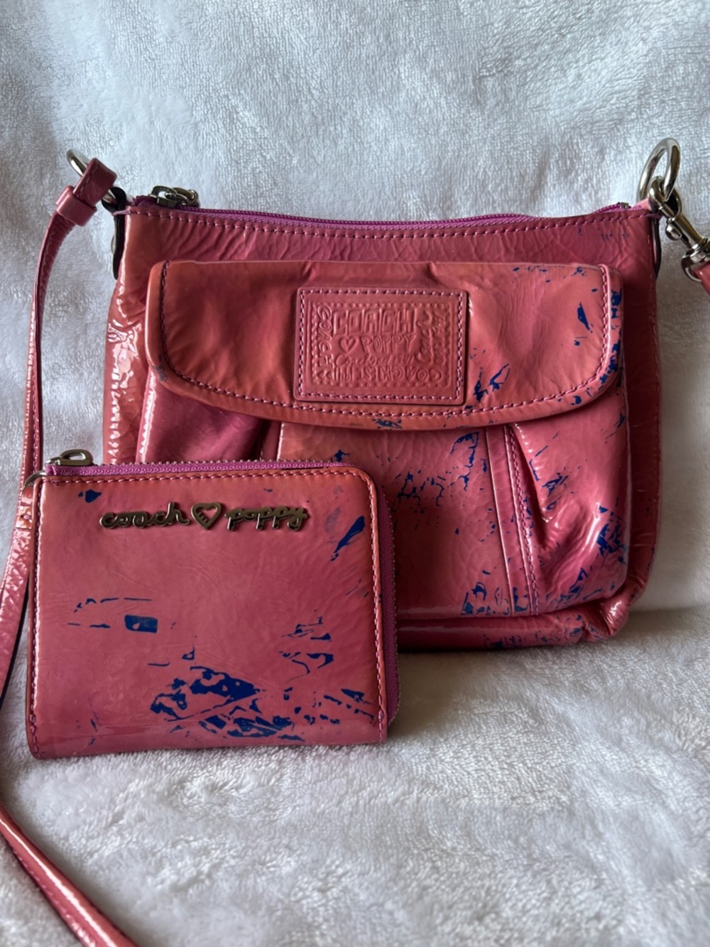 Coach Poppy Mini Crossbody Pink Bag and Wallet Set Pink Splatter Paint
